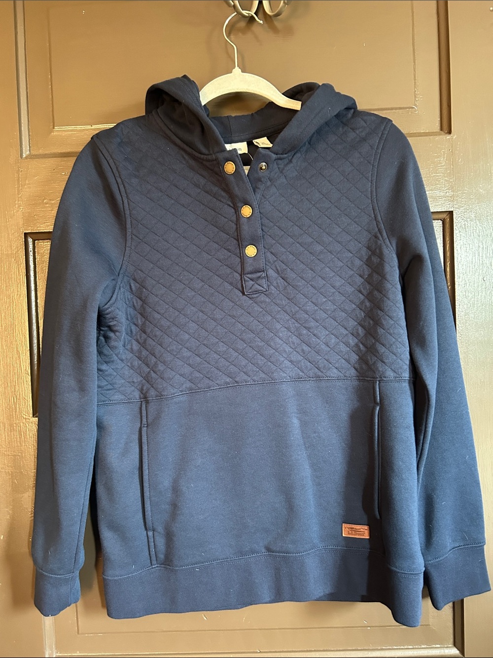 L.L. Bean Quilted Navy Hooded Pullover with Button Placket